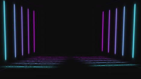 Animation-of-blue,-purple-and-pink-glowing-neon-lines-on-black-background