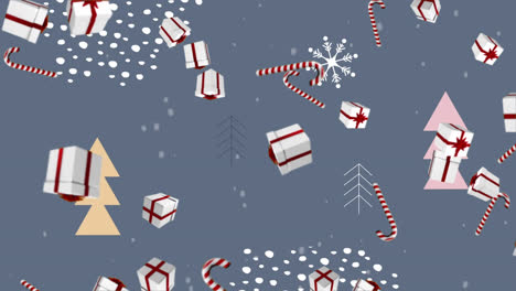 Animation-of-falling-presents-and-candy-canes-over-christmas-scenery