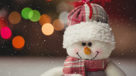 Snow-falling-over-close-up-of-snowman-toy-against-spots-of-light