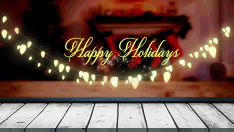 Animation-of-fairy-lights-and-happy-holidays-text-over-wooden-boards