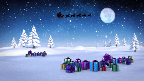 Animation-of-christmas-presents-over-santa-claus-in-sleight-with-reindeer-in-winter-scenery