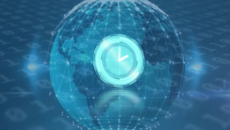 Animation-of-clock-moving-over-globe,-connections-and-binary-code-on-blue-background