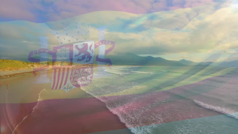 Animation-of-flag-of-spain-blowing-over-beach-landscape