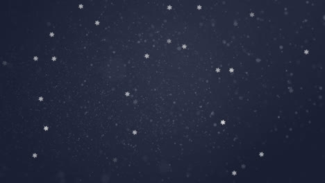 Digital-animation-of-snow-falling-and-star-icons-floating-against-blue-background