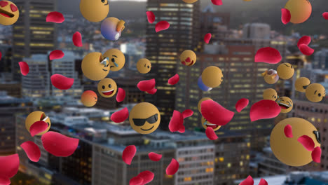 Animation-of-emoji-icons-over-cityscape