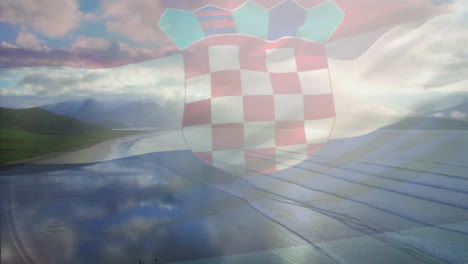 Digitale-Komposition-Aus-Wehender-Kroatischer-Flagge-Vor-Der-Luftaufnahme-Des-Strandes