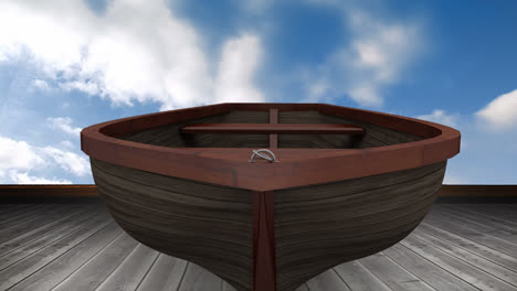 Animation-Eines-Bootes-Auf-Einer-Holzoberfläche-Mit-Wolken-Am-Blauen-Himmel