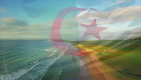 Digital-composition-of-waving-algeria-flag-against-aerial-view-of-the-beach