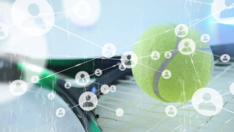 Animation-of-network-of-connections-with-icons-over-tennis-racket-and-ball