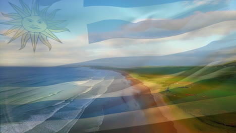 Animación-De-La-Bandera-De-Uruguay-Ondeando-Sobre-El-Paisaje-De-Playa
