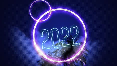 Animation-of-2022-text-in-blue-neon-with-pink-neon-circles-over-black-palm-tree-on-blue-sky