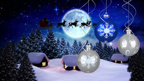 Animation-of-christmas-baubles-and-santa-claus-in-sleigh-with-reindeer-moving-over-winter-landscape