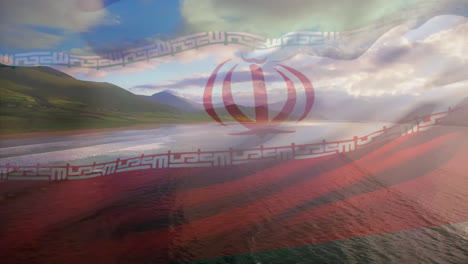 Digitale-Komposition-Aus-Wehender-Iranischer-Flagge-Vor-Der-Luftaufnahme-Der-Meereswellen