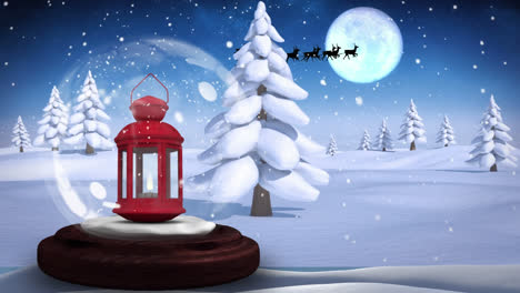 Animation-of-snow-falling-and-glass-globe-with-red-lantern-in-winter-scenery