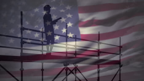 Animation-of-female-architect-on-scaffolding-over-american-flag