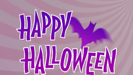 Animation-Von-Halloween-Grüßen-Und-Einer-Winkenden-Fledermaus-Auf-Einem-Gestreiften-Violetten-Hintergrund