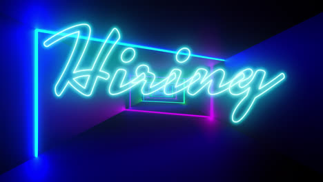 Animation-of-hiring-text-in-blue-neon-with-colourful-neon-light-beams-moving-on-black-background