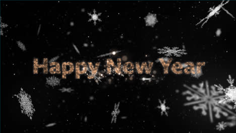 Animation-Mit-Frohes-Neues-Jahr-Text,-Fallendem-Schnee-Und-Feuerwerk