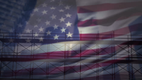 Animation-of-construction-site-and-cityscape-with-american-flag