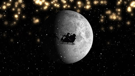 Weihnachtsmann-Im-Schlitten,-Der-Von-Rentieren-Gezogen-Wird,-Vor-Leuchtenden-Sternen-Und-Einem-Mond-Am-Nachthimmel