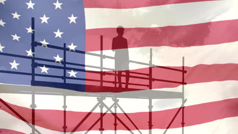 Animation-of-architect-in-construction-site-and-scaffolding-with-american-flag