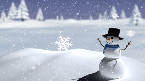 Animation-of-snow-falling-over-smiling-snowman-in-winter-scenery