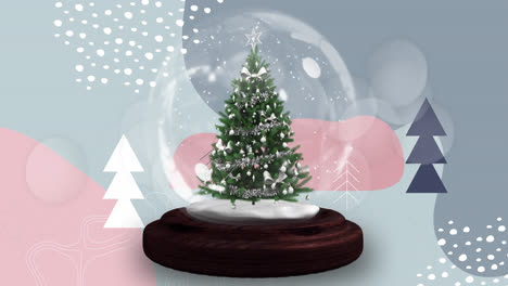 Shooting-star-around-christmas-tree-in-a-snow-globe-against-abstract-shapes-on-grey-background