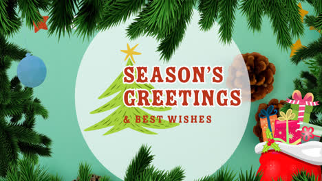 Animation-of-season's-greetings-text-over-fir-tree-and-decorations-at-christmas