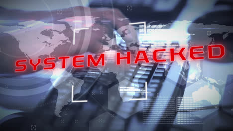 Animation-of-system-hacked-text-over-woman-working-in-office