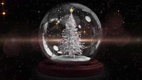Estrella-Fugaz-Roja-Alrededor-Del-árbol-De-Navidad-En-Un-Globo-De-Nieve-Contra-Estrellas-Doradas-Sobre-Fondo-Negro