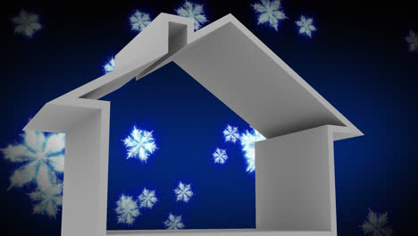 Animation-of-snow-falling-over-house-shape-and-christmas-snowflake-pattern