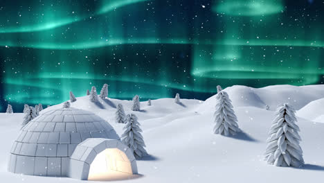 Snow-falling-over-igloo-and-multiple-tree-on-winter-landscape-against-green-lights-in-night-sky