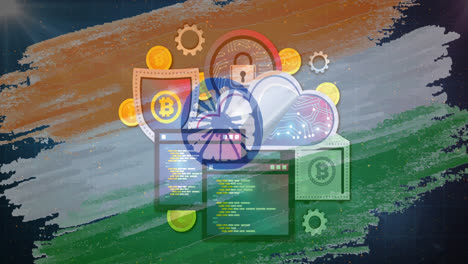 Animation-Des-Bitcoin-Symbols-Und-Der-Datenverarbeitung-über-Der-Indischen-Flagge-Im-Hintergrund