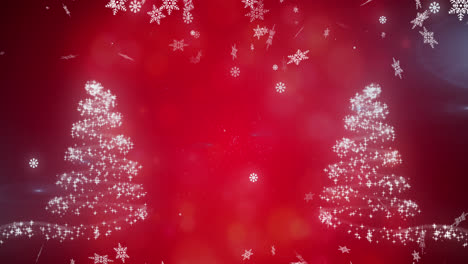 Copos-De-Nieve-Cayendo-Sobre-Una-Estrella-Fugaz-Formando-Dos-árboles-De-Navidad-Sobre-Fondo-Rojo.