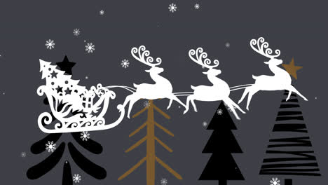 Weihnachtsbaum-Im-Schlitten,-Der-Von-Rentieren-Gegen-Weihnachtsbaumsymbole-Auf-Grauem-Hintergrund-Gezogen-Wird