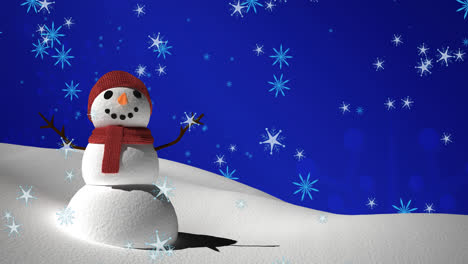 Animation-of-falling-snowflakes-over-snowman-and-winter-landscape