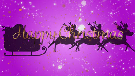 Animation-of-happy-christmas-text-over-santa-claus-in-sleigh-with-reindeer-on-purple-background
