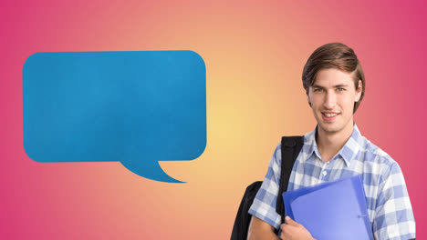 Animation-of-blue-speech-bubble-over-smiling-caucasian-teenage-male-student-holding-books,-on-pink