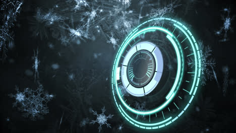 Neon-round-scanner-over-snowflakes-icons-falling-against-grey-background