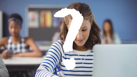 Animation-of-white-question-mark-over-smiling-caucasian-schoolgirl-writing-at-desk-in-classroom
