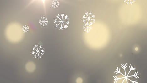 Digitale-Animation-Von-Schneeflocken,-Die-Vor-Lichtpunkten-Auf-Gelbem-Hintergrund-Fallen