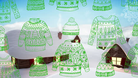 Christmas-sweater-and-beanie-icons-in-seamless-pattern-against-snow-falling-over-winter-landscape