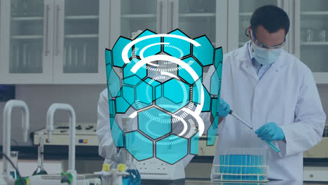 Animation-of-blue-hexagons-over-doctors-working-in-lab