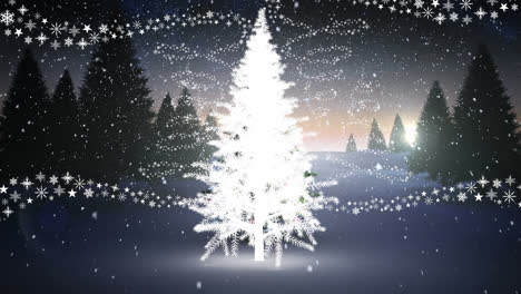 Schnee-Fällt-über-Weihnachtsbaum-Auf-Winterlandschaft-Vor-Mehreren-Sternsymbolen