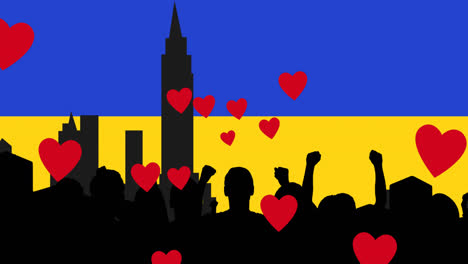 Animation-Von-Herzen-Und-Stadtbild-über-Der-Flagge-Der-Ukraine