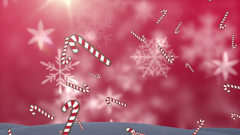 Animation-Von-Zuckerstangen-Und-Schnee,-Der-Auf-Rotem-Hintergrund-Fällt
