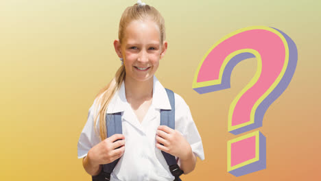 Animation-of-pink-question-mark-over-smiling-caucasian-schoolgirl-with-schoolbag,-on-orange