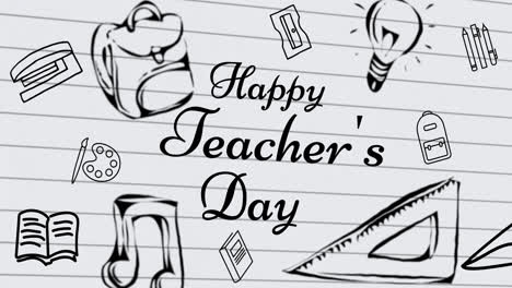 Animation-Von-Texten-Zum-Tag-Des-Glücklichen-Lehrers-über-Symbolen-Für-Schulgegenstände-Auf-Weißem-Hintergrund