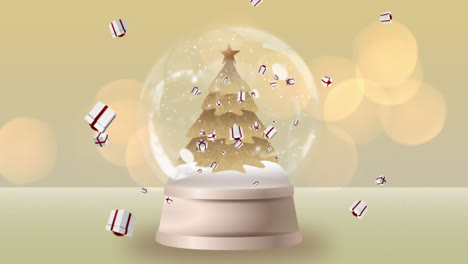Animation-Von-Fallenden-Geschenken-über-Einer-Schneekugel-Mit-Weihnachtsbaum