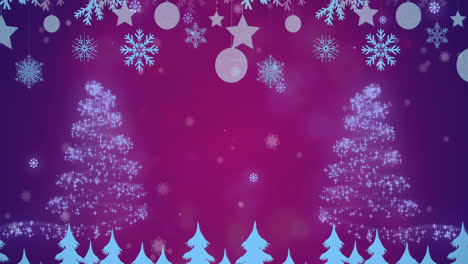 Animation-of-snow-falling-christmas-tree-pattern-on-purple-background